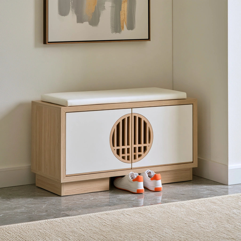 Banc à chaussures avec rangement en bois, coloris blanc et brun clair
