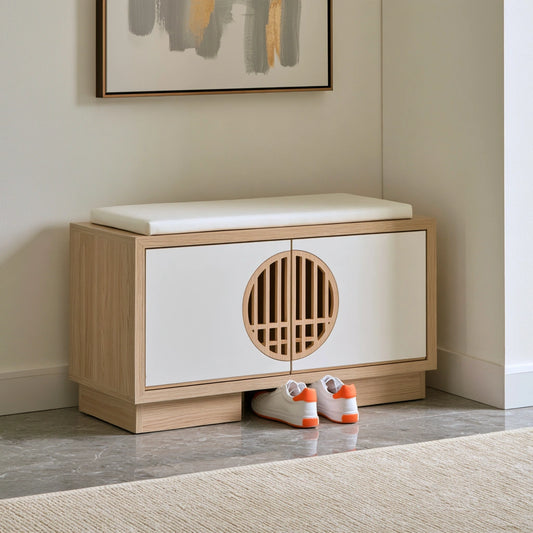 Banc à chaussures avec rangement en bois, coloris blanc et brun clair