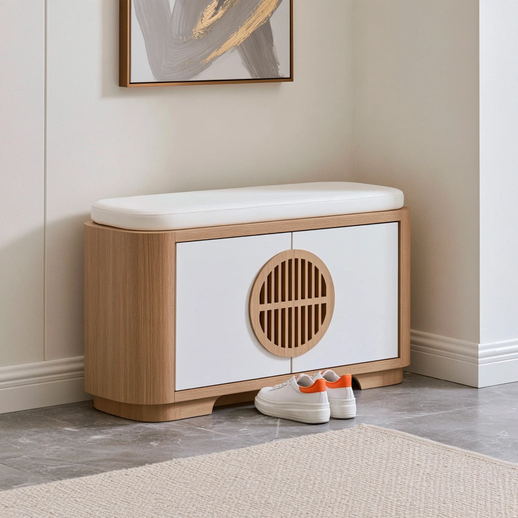 Banc à chaussures avec rangement en bois, coloris blanc et brun clair